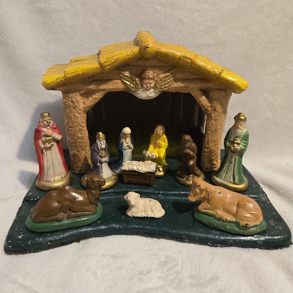Vintage 1940s Glolite Nativity Set 11 Pc Hand Painted Composition Creche Manger